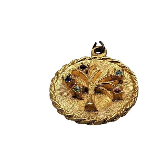 Rhinestone Tree Pendant Gold Tone Multicolor Stones Roped Frame - Picture 6 of 6